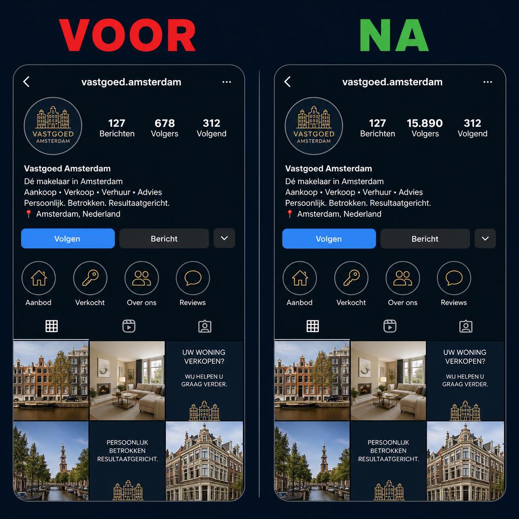 Voor en na makelaar Amsterdam: van 678 naar 15.890 volgers